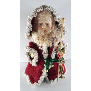 Handmade Santa Claus Figure Crochet Cloak W Hood Folk Art Christmas 10.5" Tall